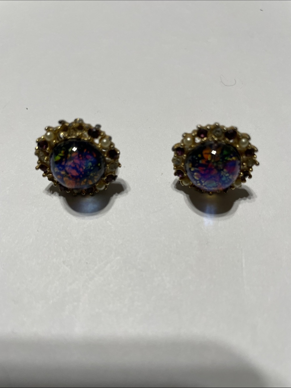 Vintage Multicolor Glass Cabochon Stud Earrings with Pearl/Purple. Ms P